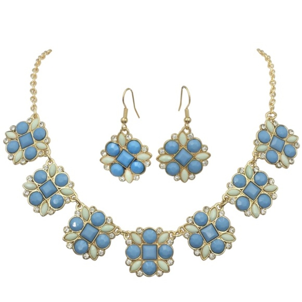 Light Blue Squares Rhinestone Necklace Set